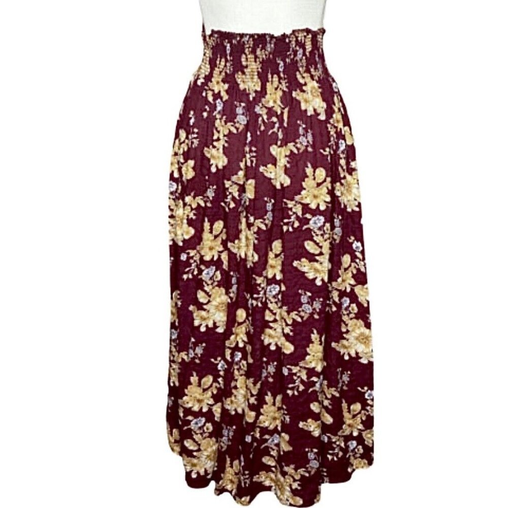 Natural Life Meadow Maroon Gold Tan Floral Smocked Waist Midi Skirt XS / S - Picture 2 of 13